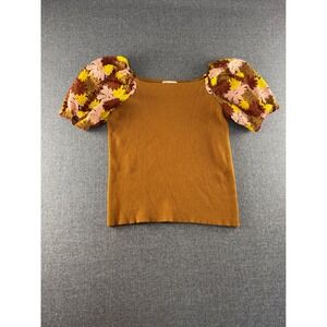 Cato Mustard Brown Ribbed Knit Top Floral Crochet Puff Sleeve 14/16W Square Neck